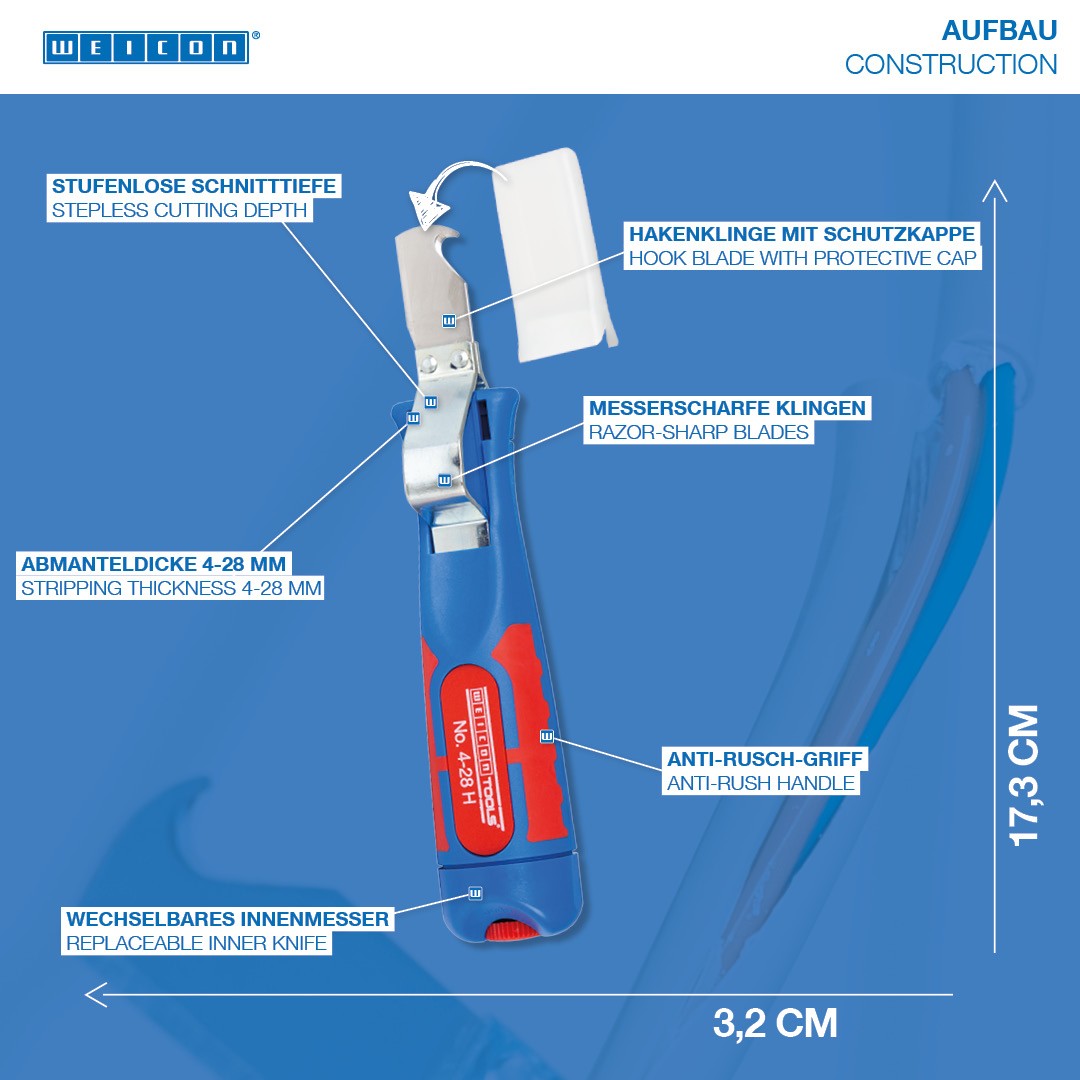 Cable Stripper No. 4 - 28 H | dengan gagang plastik 2 komponen dan diperkuat fiberglass I dengan pisau pengait dan tutup pelindung I jangkauan kerja 4 - 28 mm Ø