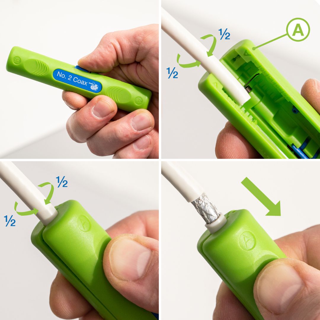 Coax-Stripper No. 2 Green Line | Alat pengupasan yang berkesinambungan I untuk menguliti dan mengupas kabel koaksial I Jangkauan kerja 4,8 - 7,5 mm Ø