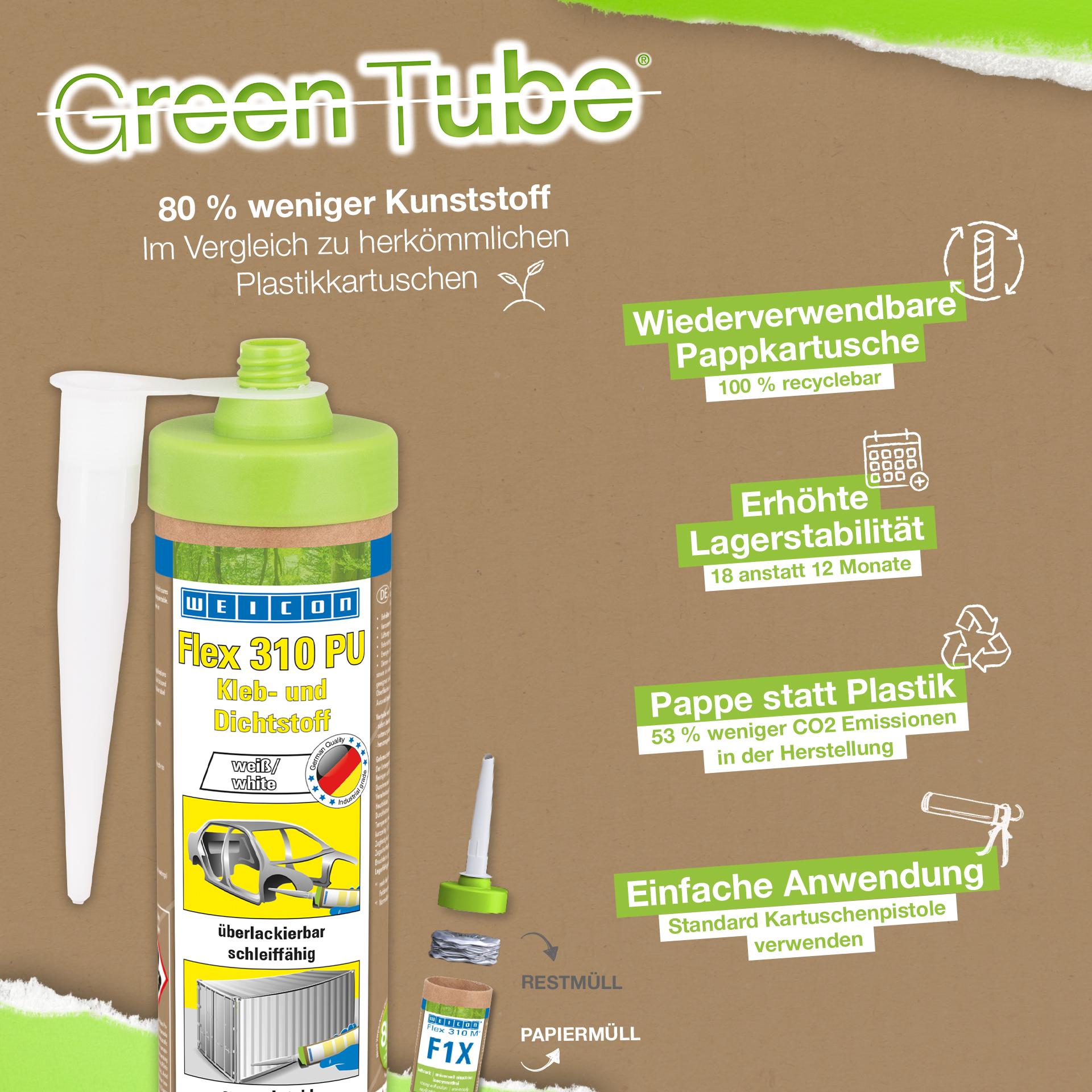 Flex 310 M® Stainless Steel | perekat dan sealant dengan kekuatan awal yang tinggi dan tampilan metalik, berdasarkan MS-Polymer