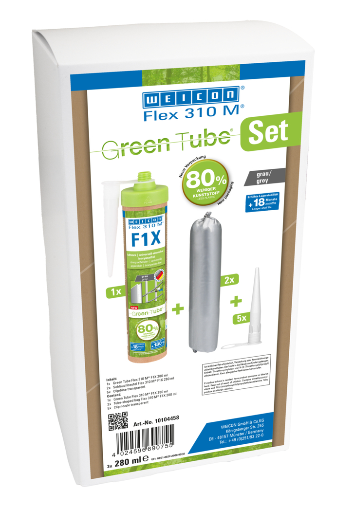 WEICON Green Tube Flex 310 M F1X | Perekat dan sealant berbasis polimer MS dengan daya rekat awal yang sangat tinggi, tahan suhu hingga 180°C