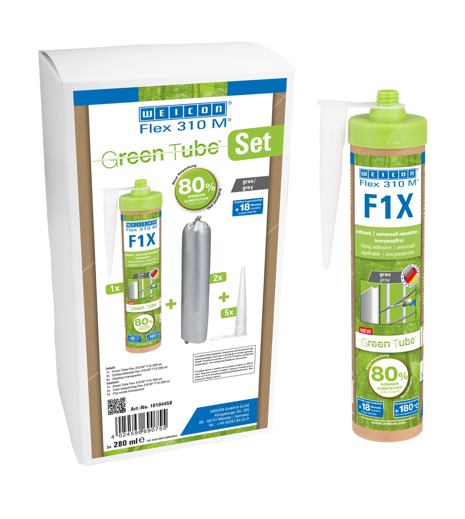 WEICON Green Tube Flex 310 M F1X | Perekat dan sealant berbasis polimer MS dengan daya rekat awal yang sangat tinggi, tahan suhu hingga 180°C