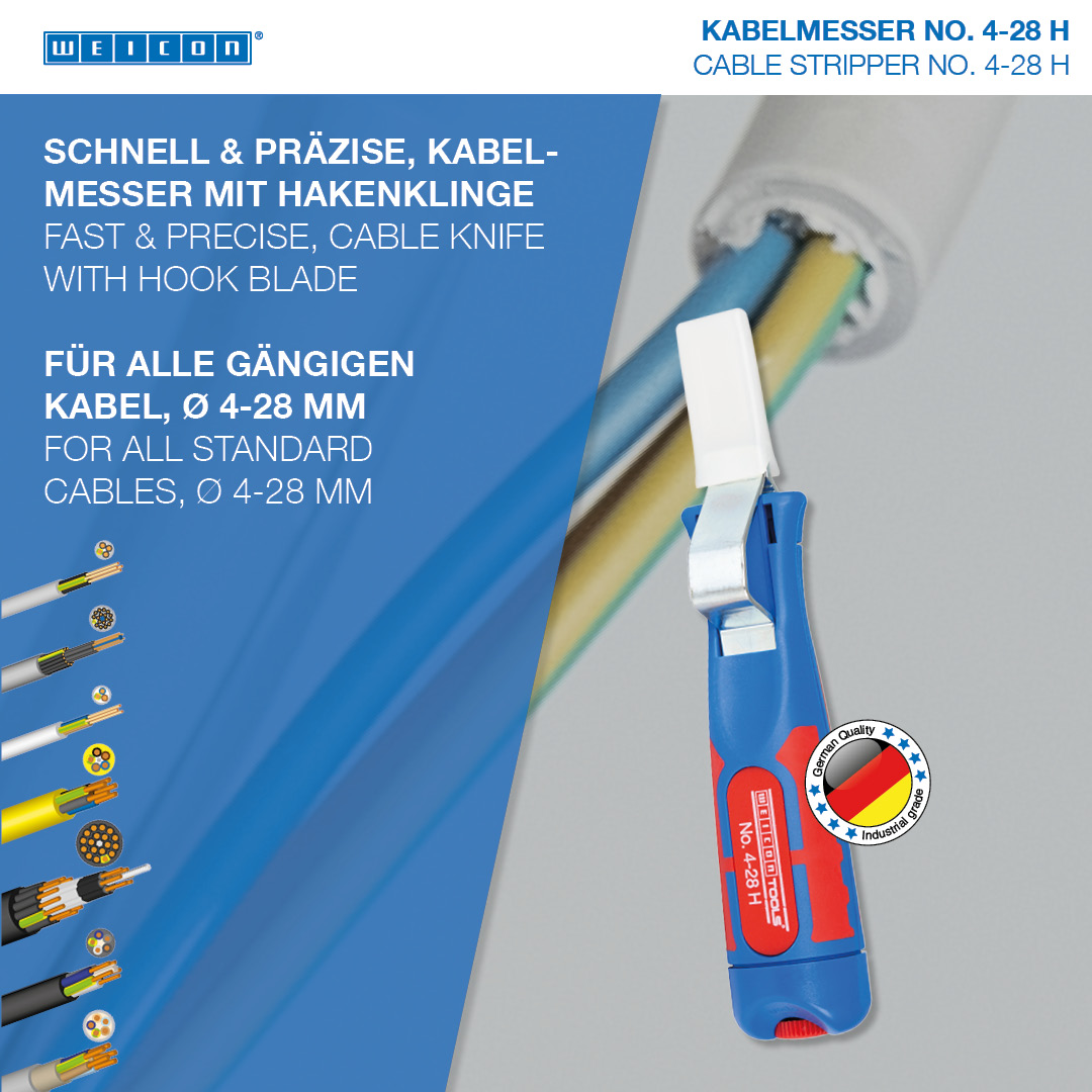 Cable Stripper No. 4 - 28 H | dengan gagang plastik 2 komponen dan diperkuat fiberglass I dengan pisau pengait dan tutup pelindung I jangkauan kerja 4 - 28 mm Ø