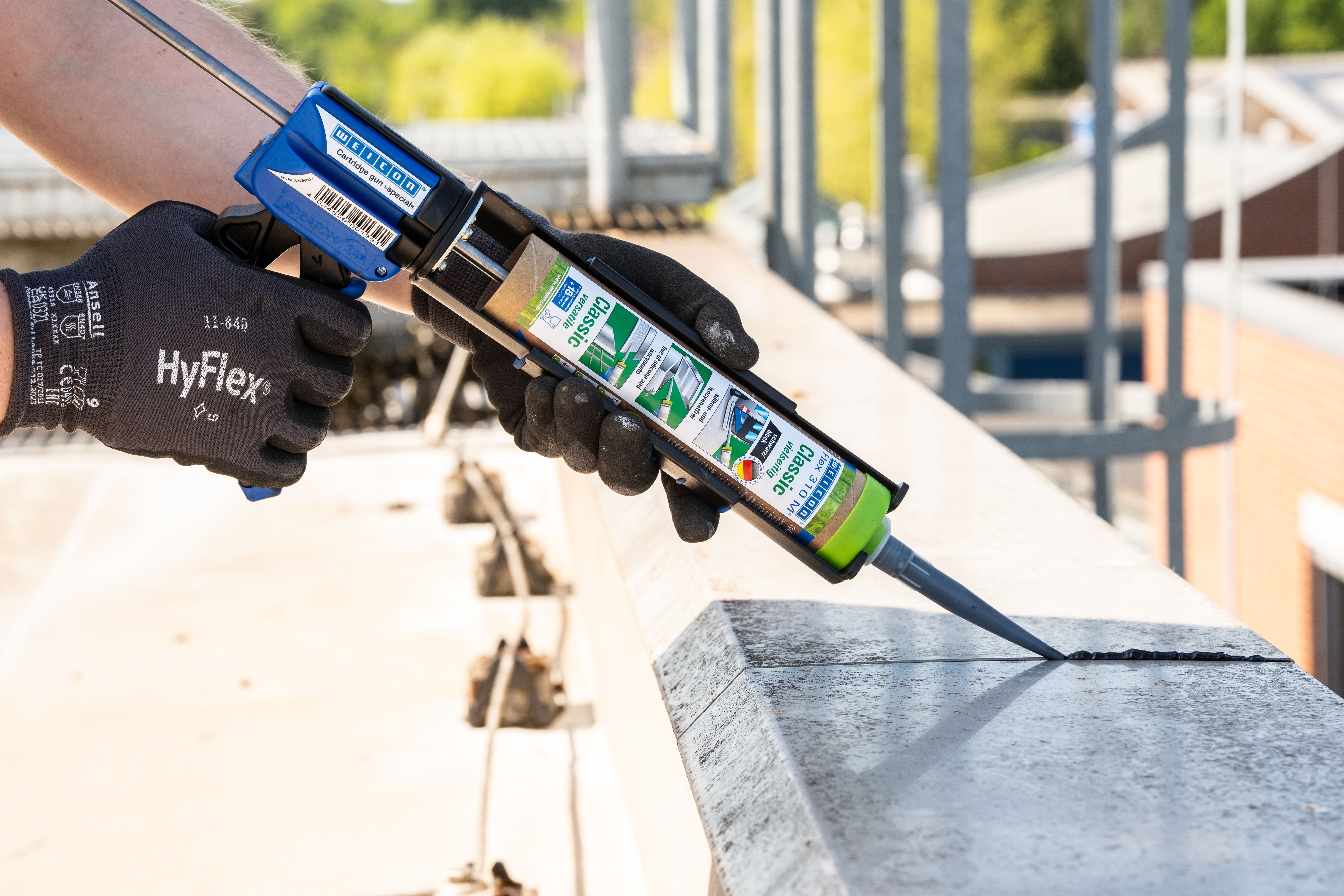 caulk gun, sealant, cartridge, silicone, construction glove